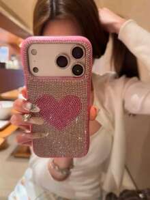 Funda de teléfono con patrón de corazón rosa, con strass en forma de corazón, compatible con iPhone 14/17 Pro/17 Pro Max, estilo de chica de moda, cubierta protectora para primavera y cumpleaños - Fondo plateado con corazón rosa. - Ver 5
