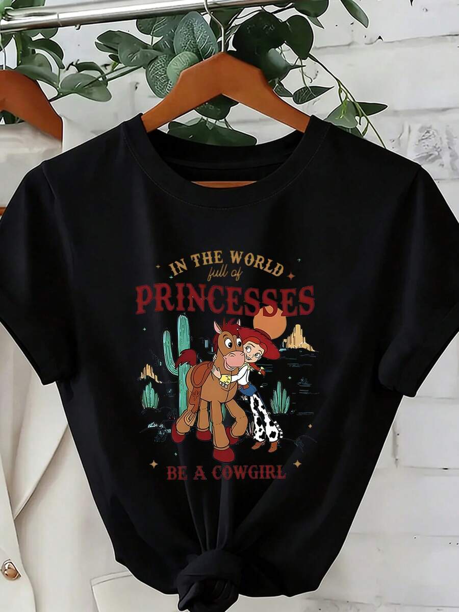 Disney Loose Fitting "Toy Story" Trish "Be A Cowgirl" Western Style Printed T-Shirt, Suitable For Summer And Spring, Short Sleeved Tops, Women's Clothing, Holiday Gift Party Clothing. - 黑色 - 查看 1