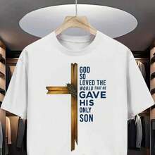 Christian Cross Men'S T-Shirt | Wooden Cross with Crown of Thorns Scripture Print Pattern, Pure, Premium Print, Durable, Casual Fashion, Crew Neck, Short Sleeve - Negro - Ver 8