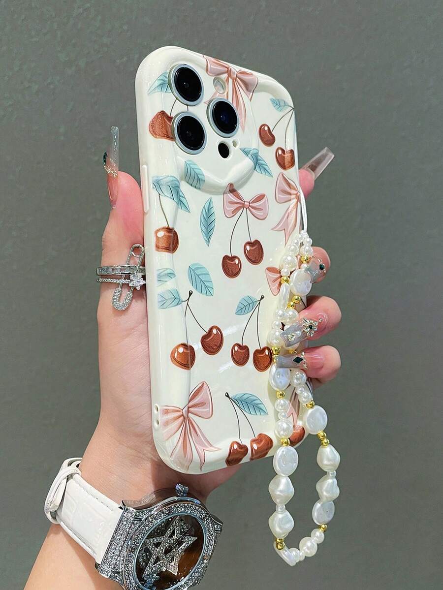 亮面乳白色樱桃蝴蝶结手机壳,波浪边框设计,全摄像头保护,防滑防震,兼容 11/12/13/14/15/16 系列;柔软硅胶保护壳,柔和樱桃透明外壳,兼容 17/17 Pro/17 Pro Max/Air 系列 - 米色 - 查看 1