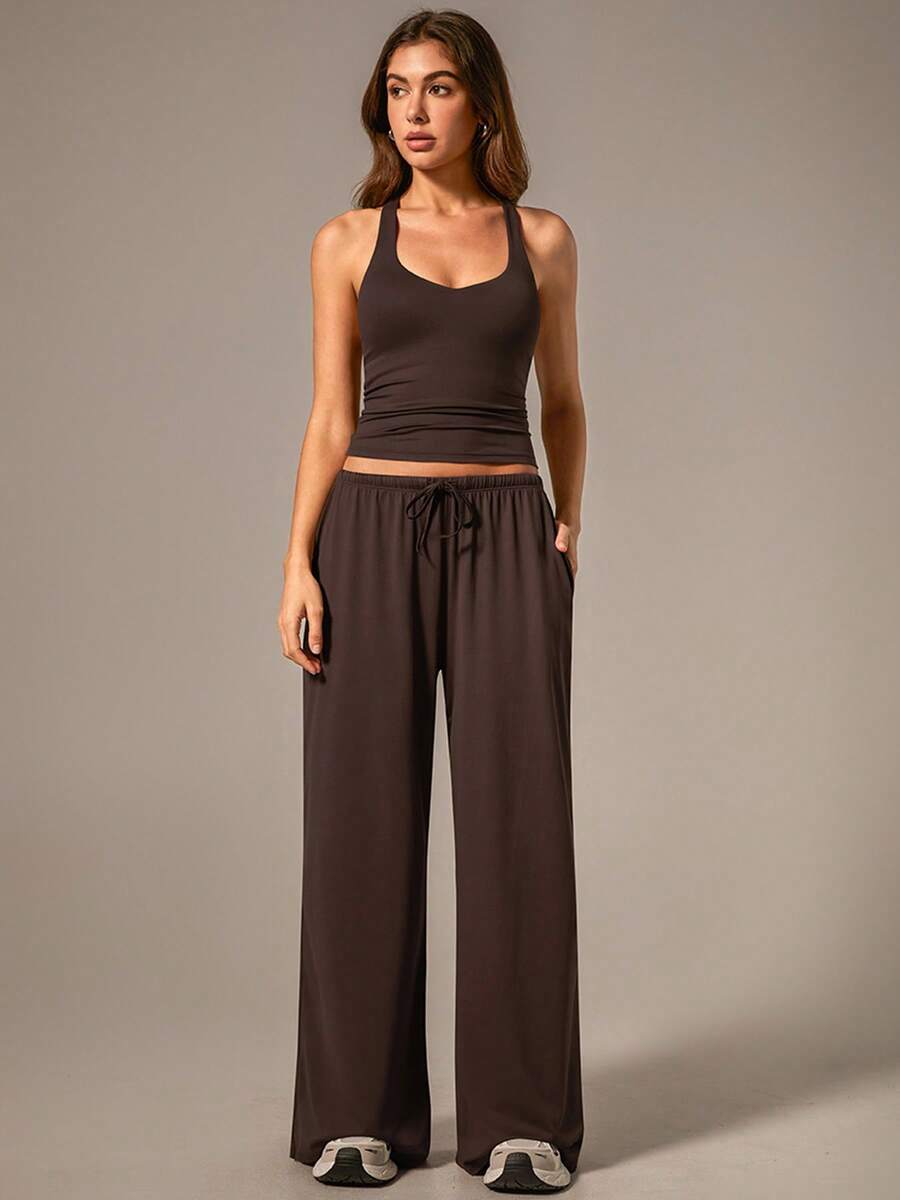 NcmRyu 1 Set Women's Crisscross Strap Tank Top And Wide Leg Drawstring Pocket Pants Sports Suit - Coffee Brown - View 1