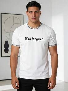 Camiseta de manga corta con cuello redondo, unicolor con letras inglesas impresas, adecuada para uso diario, salir, ocio, deportes, escuela, viajes, reuniones familiares y otras ocasiones - Blanco - Ver 2