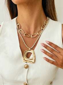2件套镂空方形吊坠项链套装，女士不对称多层叠戴CCB不对称珍珠项链，适合女性在冬季、圣诞节、情人节、感恩节和日常聚会等场合佩戴，是送给女性的礼物。 - 金黃色 - 查看 3