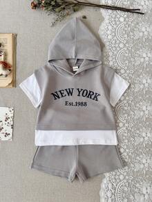 2pcs/Set Toddler Baby Boy Cool Letter Embroidery Grey Hooded Short Sleeve Top And Shorts Set, Spring/Summer - Grey - View 9