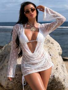 Bộ 3 món áo khoác ngoài bikini buộc dây cổ bằng ren lưới màu trơn, kiểu dáng tối giản, gợi cảm và thanh lịch, thích hợp cho kỳ nghỉ biển mùa hè. - trắng - Xem 5