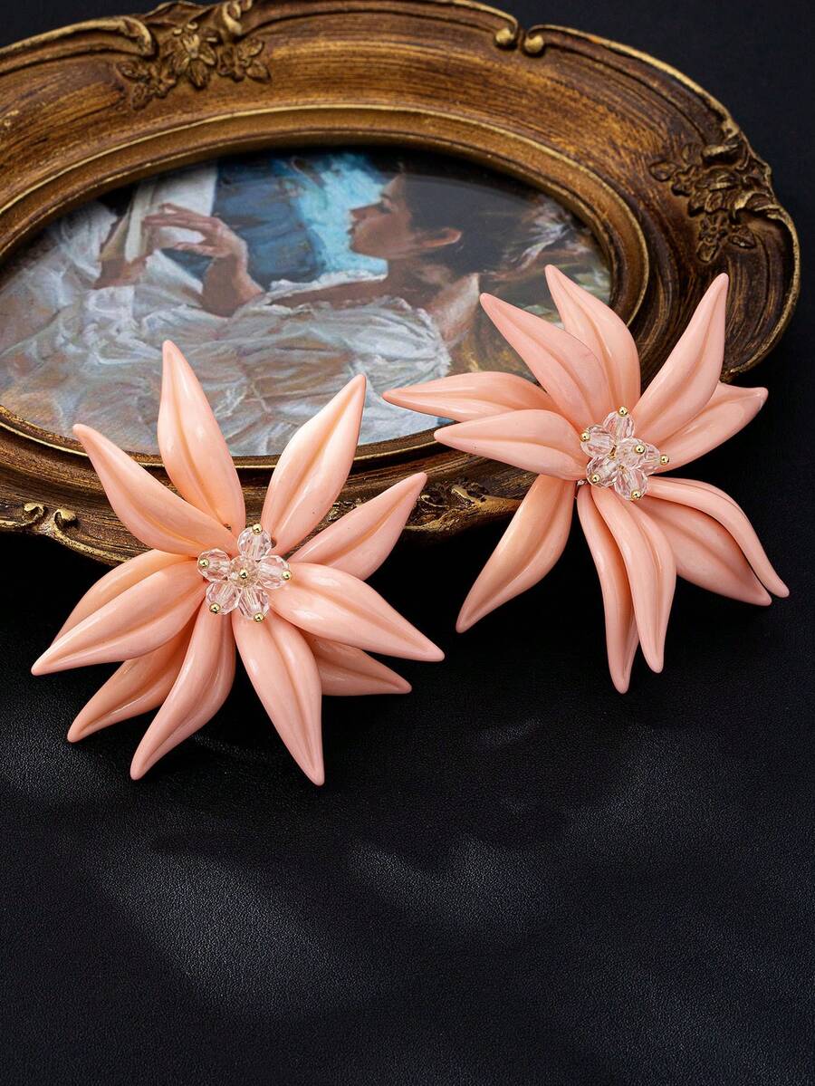 1 Pair Handmade Exaggerated Camellia Flower Earrings, Unique Design, Elegant Sweet Vacation Vibe Earrings - Pink - View 1