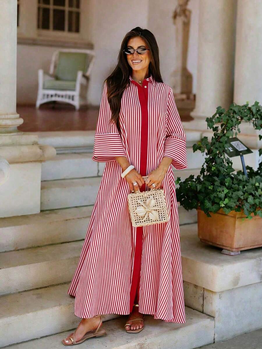 Vestido camisero de rayas para mujer, nuevo para primavera/verano, estilo casual y versátil adecuado para uso diario y vacaciones, con botones centrales delanteros y detalles de color contrastante, vestido evasé elegante