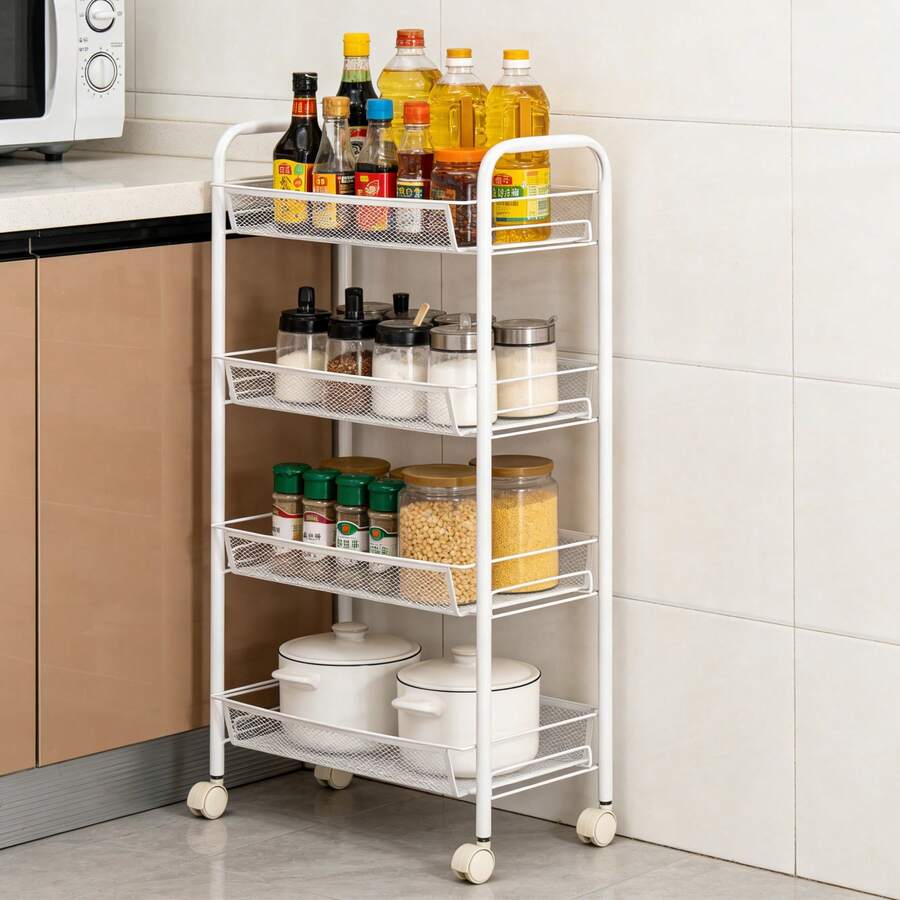 4-Tier White Rolling Storage Cart, Multifunctional Mobile Organizer Shelves With Baskets For Kitchen Snacks Vegetables - A - View 1