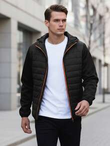 Veste matelassée à capuche zippée pour homme, style mi-saison, empiècements matelassés, manches bicolores, coupe décontractée, avec capuche ajustable et poches zippées, veste légère de style streetwear, finitions élastiques. - Noir - Voir 4