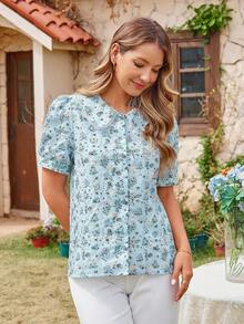 Women's Blue Ditsy Floral Floral Peter Pan Collar Puff Short Sleeve Button Down Shirt, Spring/Summer, Vacation Outfits Women - Multicolor - View 3