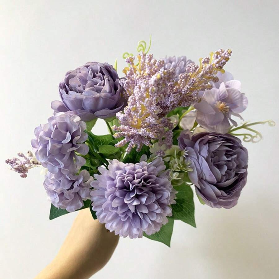 1支/3支人造玫瑰、绣球花、牡丹混合花束,适用于新娘婚礼装饰、DIY花环材料、生日派对、家居装饰、花瓶填充、户外花园、秋季、新年礼物 - 紫色 - 查看 1