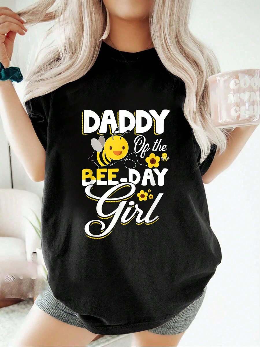 Camiseta holgada informal deportiva de verano con cuello redondo y manga corta para mujer, ideal para el día de la madre, el día del padre de la abeja, la fiesta de cumpleaños de la niña y la abeja. - Negro - Ver 1