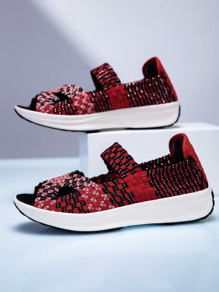 Women's Casual Shoes, Sandals, Rhombus Colorblock Plaid Bohemian Casual Elegant Woven Criss-Cross Embroidered Sneakers, Suitable For Outdoor, Home, Office, All Seasons - Red, White and Black - View 5