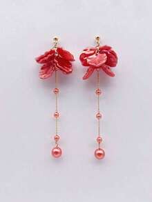 Korean Style Floral Faux Pearl Chain Dangle Earrings, Elegant Sweet Girl Ear Accessories Christmas Decorations Home Christmas Gifts Christmas Decor - White - View 11