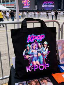 K-POP帆布手提袋，印有“K-POP”字样和酷炫女偶像图案，大容量单肩手提包，手绘插画单肩包，粉丝周边礼品，通勤购物袋，可折叠大容量休闲杂货袋，时尚场合包，赛博朋克风格单肩包，适合旅行、演唱会、粉丝活动、派对、日常使用，是生日礼物、偶像周边、节日礼物、演唱会礼物的理想之选。 - 彩色 - 查看 8
