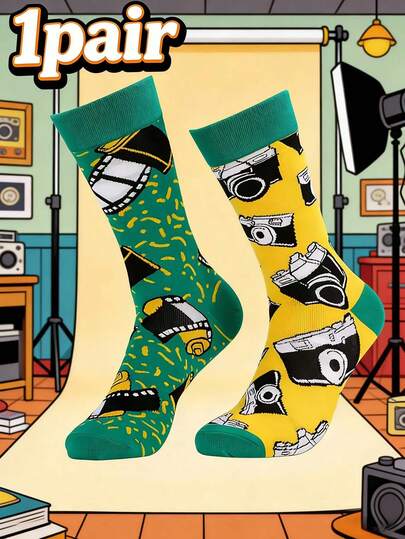 1 Pair Unisex Retro Camera & Film Themed Socks, Suitable For Casual Daily Wear, Ideal Gift For Photography Enthusiasts, Fashionable Leisure Socks For All Seasons