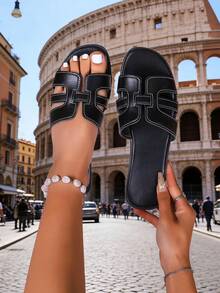 纯色韩版拖鞋，新款平底度假沙滩凉鞋，女士系带凉鞋 - 黑與白 - 查看 3