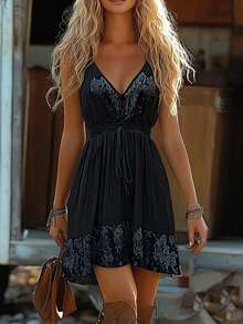 Summer Western Cowboy Style Printed Casual Mini Dress,Sun Dresses For Women,V-Neck Camisole Dress Women Sleeveless Slim,Vacation Outfits Women,Country Concert Outfit,Boho Womens Clothing. - 圖片色 - 查看 3