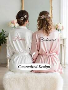 Customized Satin Bride Robe With Lace Trim, Customized Bride & Bridesmaid Wedding Robe, Personalized Satin Robe, Customized Bride Robe, Bridesmaid Prep Robe, Wedding Party Robe, Lace Trim Robe, Customized Name Robe, Bride Robe Gift, Bridal Party Gift, Silky Loungewear, Bride Party Matching Silky Loungewear Gift, Prep Robe - Multicolor - View 1