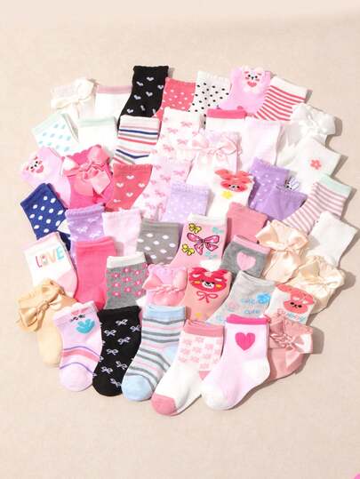 5/10/12双装随机可爱卡通过膝袜，兔子蝴蝶结印花中筒袜，透气粉色多色幼儿袜，适合日常休闲穿着