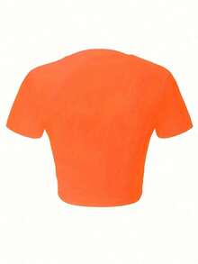 Hot Hour  New Crop Top With Round Neck And Short Sleeves Dominican Republic Letter Print Women's Casual Simple Fitted Short Crop Top - 橘紅色 - 查看 2