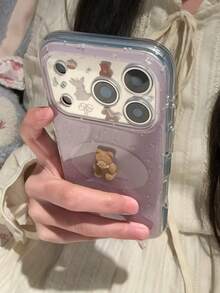 1个可爱卡通蝴蝶结珍珠熊花卉手机壳，兼容 17 Pro Max 16 15，柔软硅胶后盖 - 粉色 - 查看 2