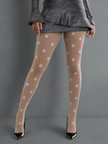 女士白色大波点印花打底裤 - 加厚圆点弹力版，复古可爱日常时尚百搭打底裤 - 白色 - 查看 8