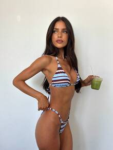 Women's Summer Vacation Swimwear Series, High-End Brown And Blue Striped Metal Buckle High-Waisted Triangle Bikini Two Pieces Set, Sexy Slim Fit Tummy Covering, Sweet Girl Style Swimsuit Set, Fashionable Swimwear Suitable For Beach Vacation And Photography - Multicolor - View 2