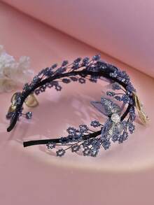 1pc Shiny Silver Rhinestone Butterfly Headband, Fashion Crystal Beaded Headpiece, Suitable For Bride, Wedding, Party, Festival, Casual Wear - Blue - View 5