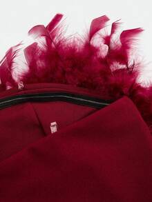 GLOURI Women's  Elegant Burgundy Feather Trim Jumpsuit - Sleeveless Wide Leg Romper With Metallic Belt & Shoulder Detail | Christmas Party & Formal One-Piece For Galas, Weddings & Holiday Events - 酒紅色 - 查看 9