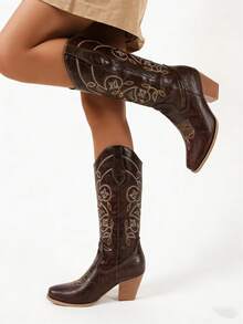 Cowboy Boots For Women, Brown Western Style Fashion Pointed Toe Embroidered Chunky Heel Slip-On Boots, Autumn/Winter - Dark Brown - View 6