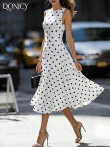 DONICY 女士黑白波点无袖圆领褶皱腰部喇叭中长连衣裙，夏季休闲度假风 - 白色 - 查看 7