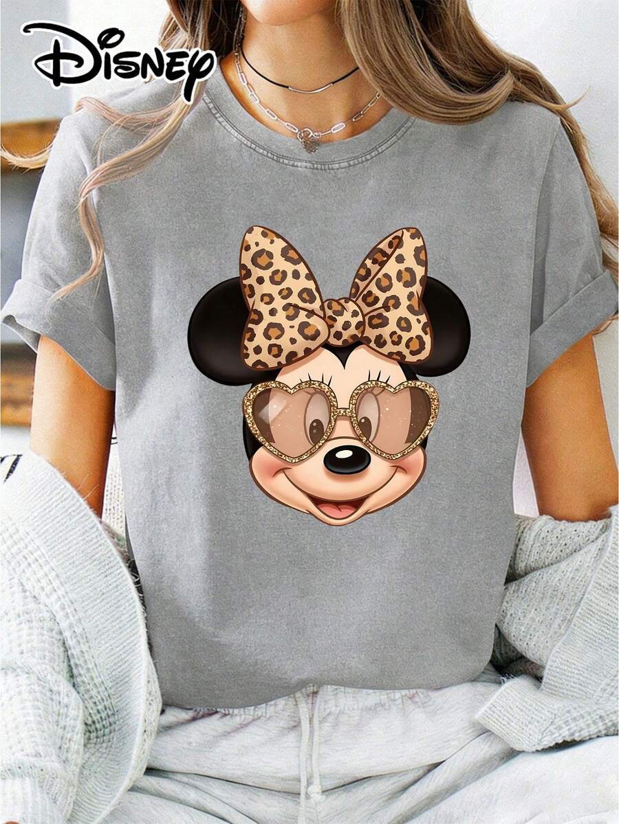 Women's Disney Minnie Mouse T-Shirt Leopard Bow Glitter Heart Sunglasses Graphic Tee Washed Vintage Casual Short Sleeve Tops - 灰色 - 查看 1