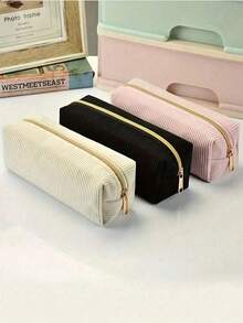 1pc High-Quality Corduroy Pencil - Large Capacity, Durable, Made Of Polyester Fabric, Zipper Closure, Purple/White Mix Color, Gold Zipper Pull, Fashionable Minimalist Design, Suitable Students And Professionals, Professional Organization, Student Stationery Storage, Soft Texture Material, Back To School Essential OLCN - 多色的 - 查看 1