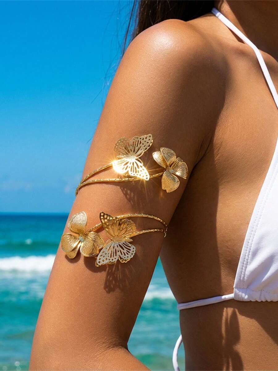 1件复古金色蝴蝶花藤手镯，适合度假、派对、日常佩戴，也是送给朋友和女朋友的礼物。 - 金黃色 - 查看 1