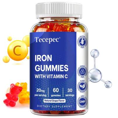 Bcuelov Iron & Vitamin C Gummies, A Daily Iron Supplement, Each Serving Contains 26mg Of Vitamin C And 20mg Of Iron To Support A Healthy Immune System - 60 Gummies