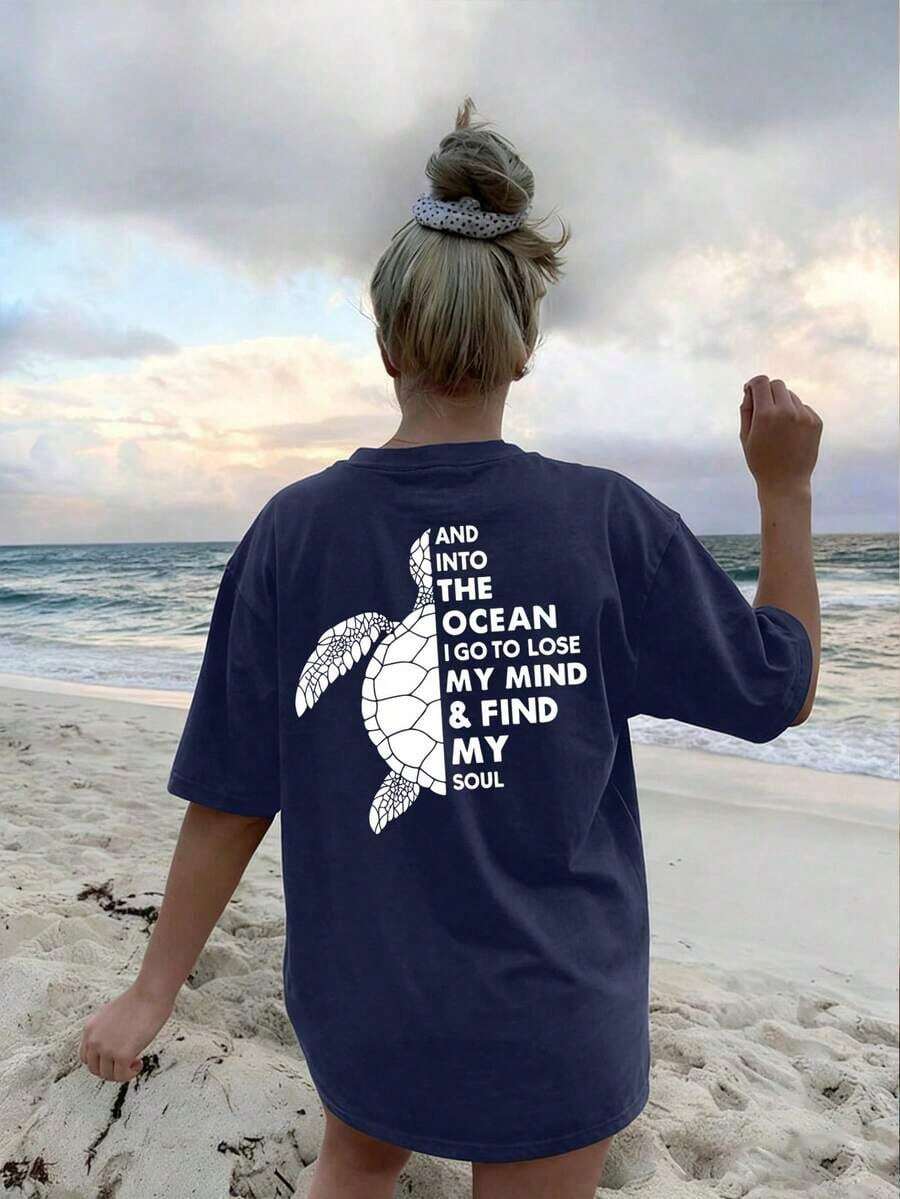 2026 New Arrival Women's Summer New Simple Slogan Print Casual Vacation Loose Fit Round Neck Short Sleeve T-Shirt, Fashionable Everyday Top, Suitable - 藏蓝色 - 查看 1