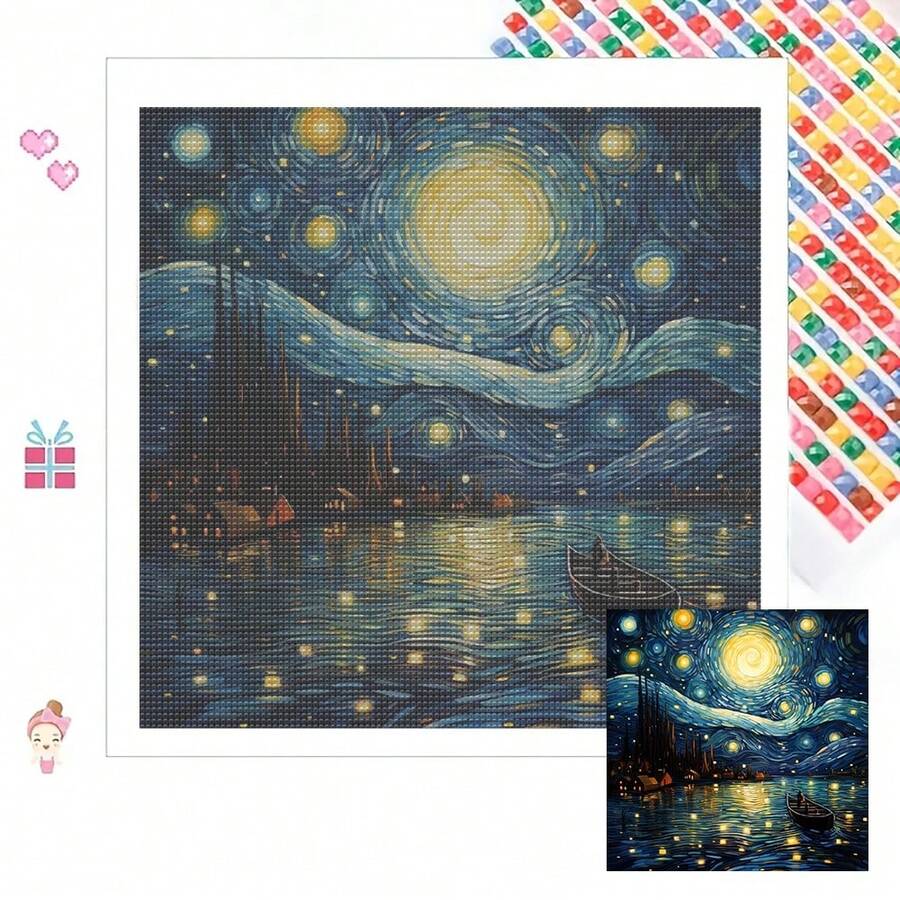 1pc DIY Diamond Painting, Landscape Theme - Starry Night Over The Rhone, Full Round Acrylic Diamond Mosaic, Suitable For Living Room, Bedroom, Office - Unique Creative Gift - View 1