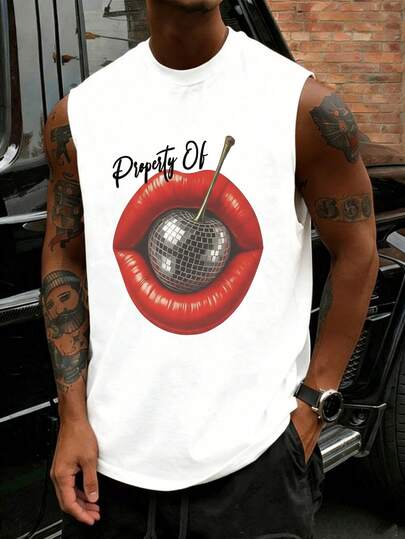  Fractyr Men's Fashion Casual Sports Fitness Street Style Sleeveless T-Shirt Vest | English Element Print | Exquisite Design | Spring/Summer Must-Have Item | Simple Basic Style For Travel/Vacation | Retro Style, Versatile And Easy To Wear, Cotton Feel | The Best Gift For Friends | Showcase Your Unique Personality