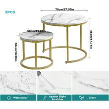 Juego de 2 Mesas de Centro Redondas para Sala, Estructura Metálica Resistente, Acabado de Mármol Decorativo, Ideal para Salón, Oficina y Balcón, Color Blanco - por defecto - Ver 3