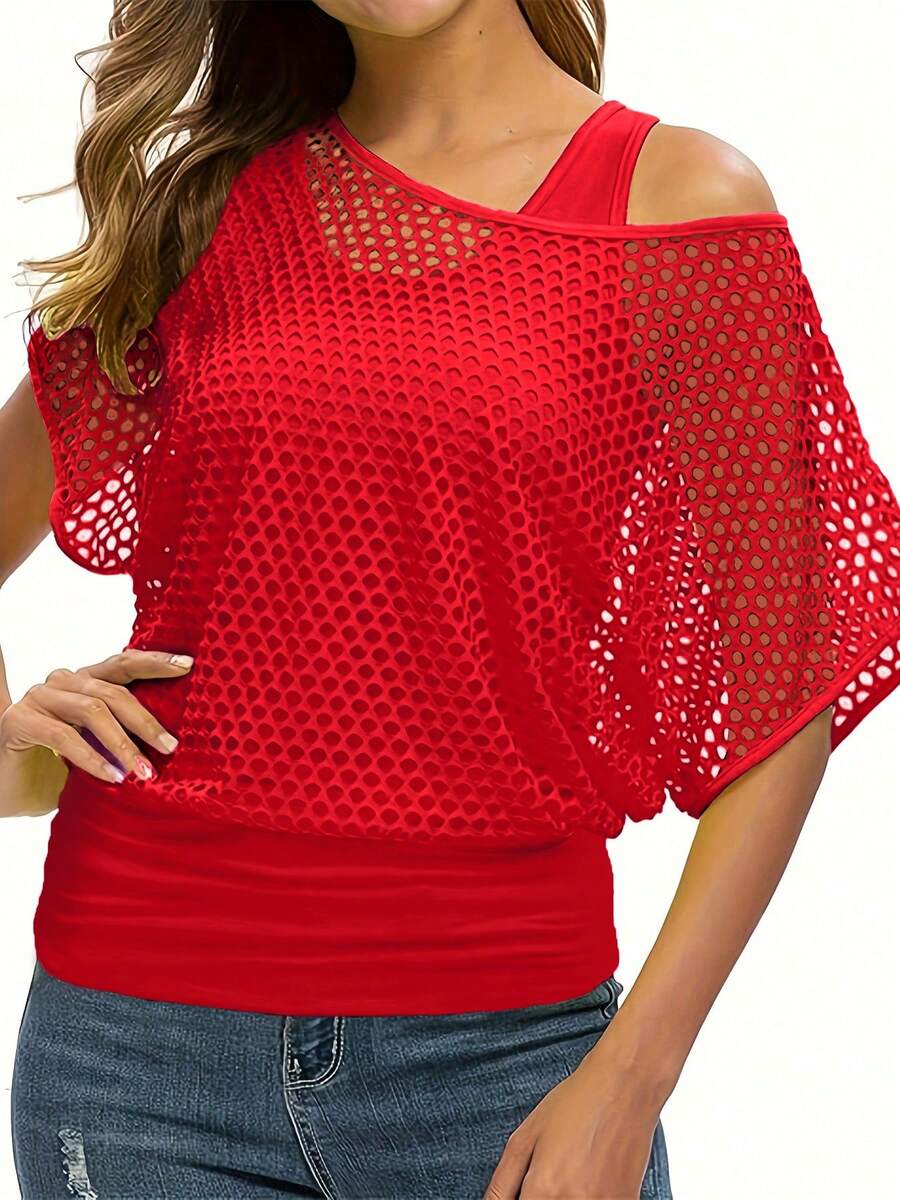2pcs Women's Set: Neon Red Casual Fashionable Vacation Off-Shoulder Fishnet Cover-Up T-Shirt + Camisole, Spring/Summer