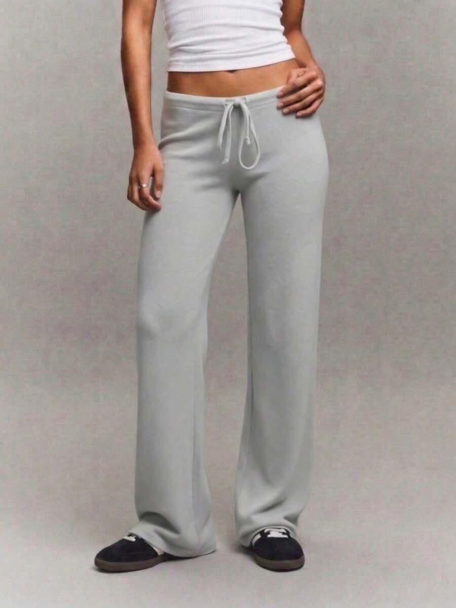 Women's Casual Black Wide Leg Fabric Pants With Drawstring Detail Long Medium Stretch - Light Grey - View 1