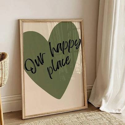 1pc/Set Modern Minimalist Home Decorations | Our Land Of Happiness Canvas Wall Art Print,Green Heart-Shaped Quotes,Suitable For Bedroom Decorations,Housewarming Gift,Without Frame
