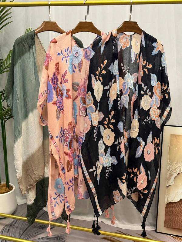 Conjunto de 3 piezas de cárdigan de punto ligero y sin mangas, semi-transparente con estampado floral, ropa deportiva y casual para mujer