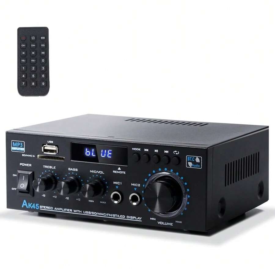 Amplificador de Audio Potencia Bluetooth 5.0, 2 Canales 40 W,Amplificador Estereos Casa y Auto(Max 600w),Hi-Fi Integrado12v/5a,Con Entrada Micrófono,Apoyo Mp3/Usb/Sd/Fm - por defecto - Ver 1