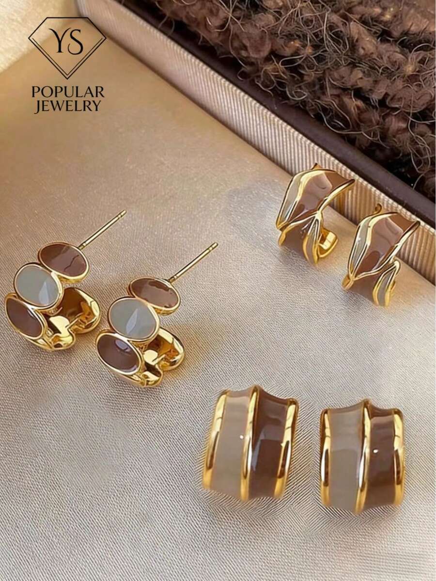 Bộ 3 đôi bông tai sang trọng, tối giản, thanh lịch, thiết kế hình học hai tông màu độc đáo, phù hợp để đeo hàng ngày và trong các buổi tụ họp. - màu nâu - Xem 1