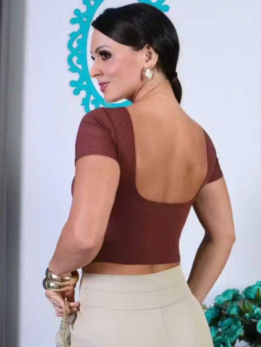 Women's Basic Cropped Top With Open Back In Spandex - 咖啡棕 - 查看 1