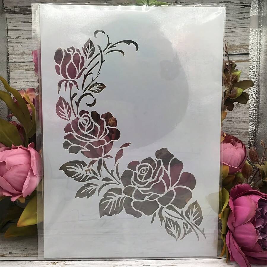 1 pièce Modèle réutilisable de motif floral format A4 pour la peinture - Modèle en couches de bouquet de roses, convient pour l'art mural DIY, les meubles de sol, le scrapbooking et les cartes faites à la main - Ensembles - Voir 1
