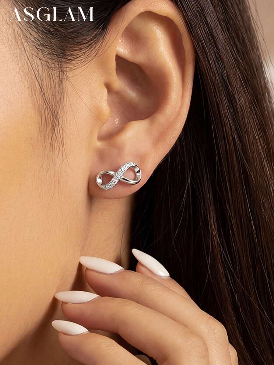 一对925纯银不对称无限爱心锆石耳环，精致珠宝，女士礼物 - 款式1 - 查看 1