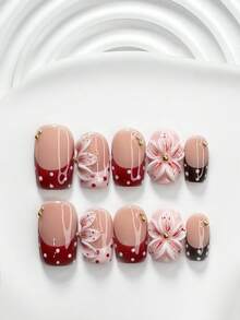 10件套复古优雅树脂美甲套装，包含亚克力美甲贴纸、金属珠、手工五瓣渐变花朵、红白波点、巧克力红指甲油，以及美甲工具（1个果冻贴纸+1个指甲锉）。提供方形、短方形和杏仁形三种形状。适合春夏日常、派对、拍照、通勤等场合。是送给女性和女孩的绝佳礼物。按压式美甲贴片。 - 彩色 - 查看 4